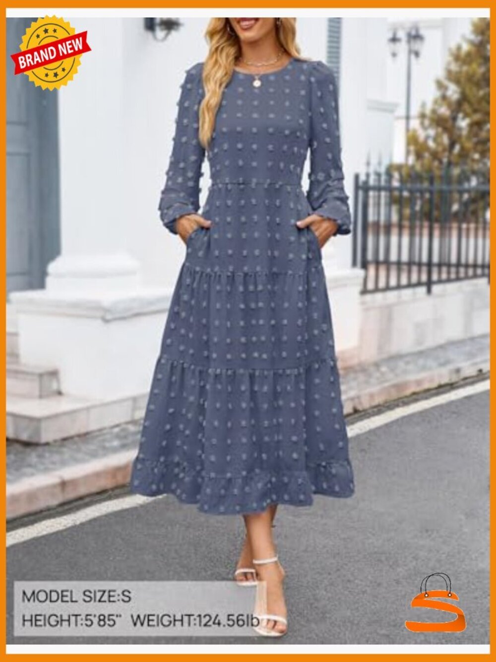 Swiss Dot Long Sleeve Maxi Dress - Flowy A-Line Tiered Casual - Picture 3 of 7